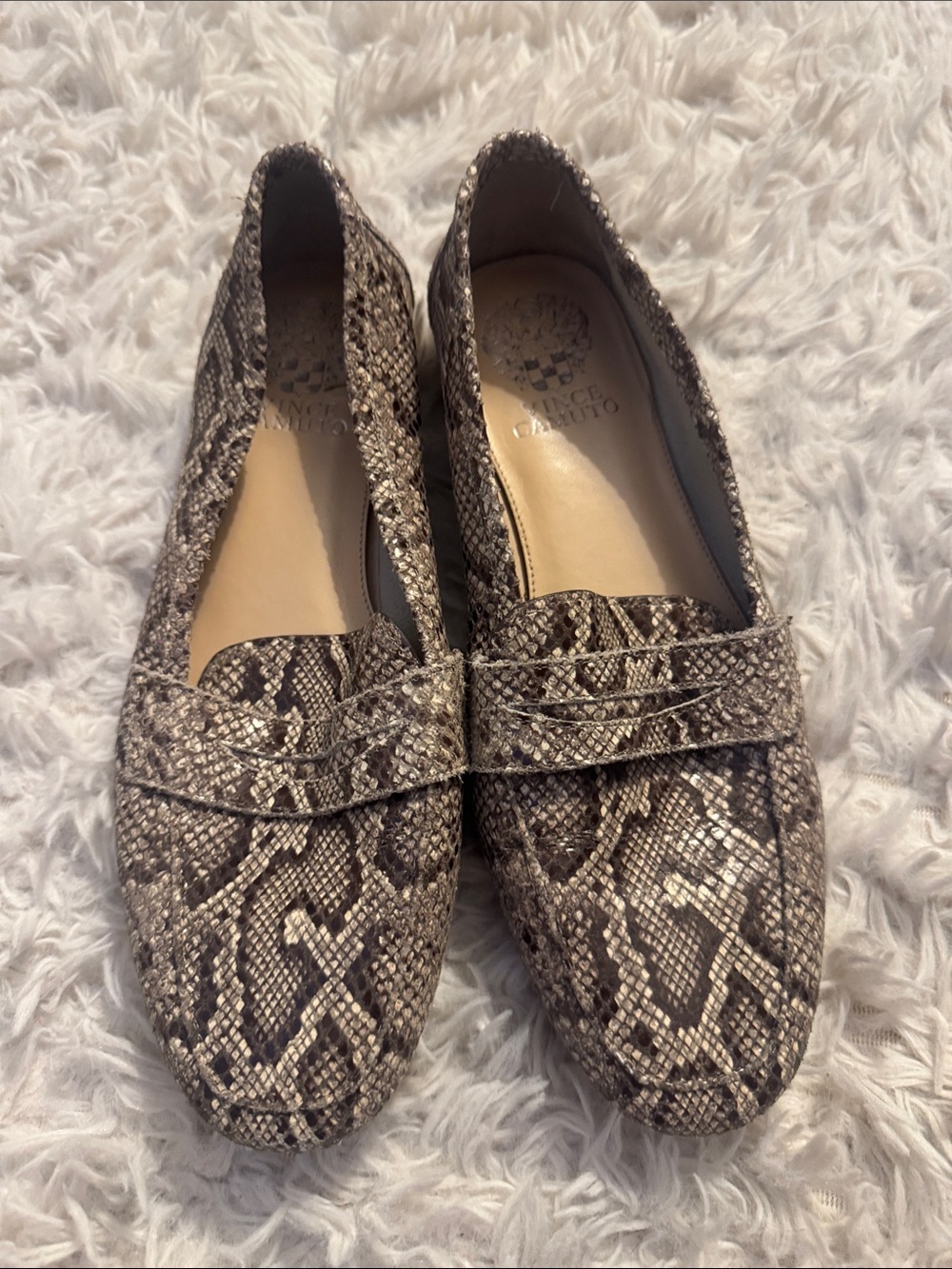 Vince Camuto Snake-Print Penny Loafers in Taupe and Beige genuine leather